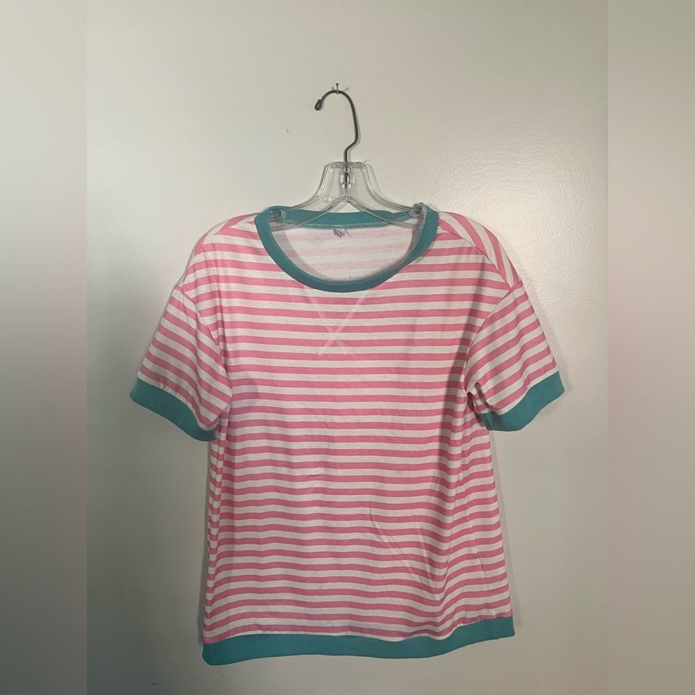 Striped Short Sleeve Tee with Contrast Trim - Pink/Teal